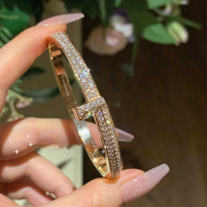 

New Deluxe Zircon Inlay Rose Gold Bracelet Fits Wrist 14.5-17cm, Couple Holiday Gift Jewelry