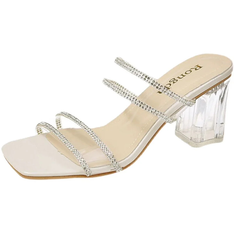 

Slippers Women Summer Slides Fashion Shoes Heeled Mules Square heel Pantofle Jelly Flip Flops Luxury High Transparent Soft Block