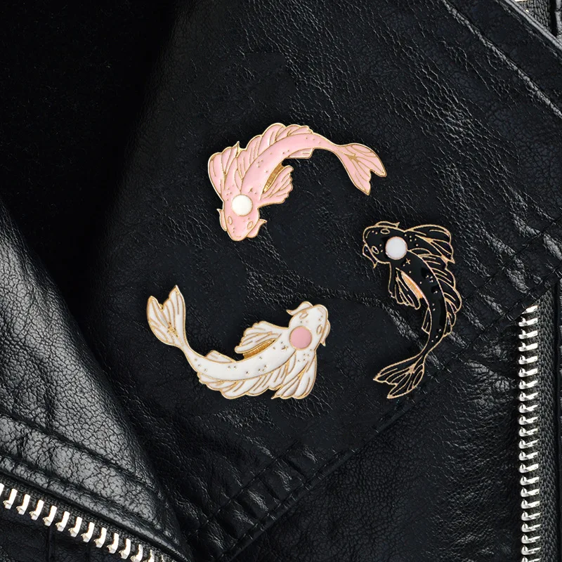 Изысканная белая черная розовая брошь Koi милая Золотая рыбка эмаль булавка