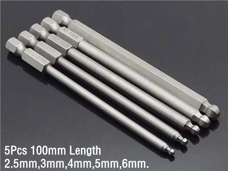 5Pcs 100mm Length 7 шт. или 5 шт. набор шаровые биты S2 стальной шуруповерт сверла отвертка шестигранный, магнитный Сферический 1/" Ручные ремонтные наборы мини-инструменты - Цвет: 5Pcs 100mm Length