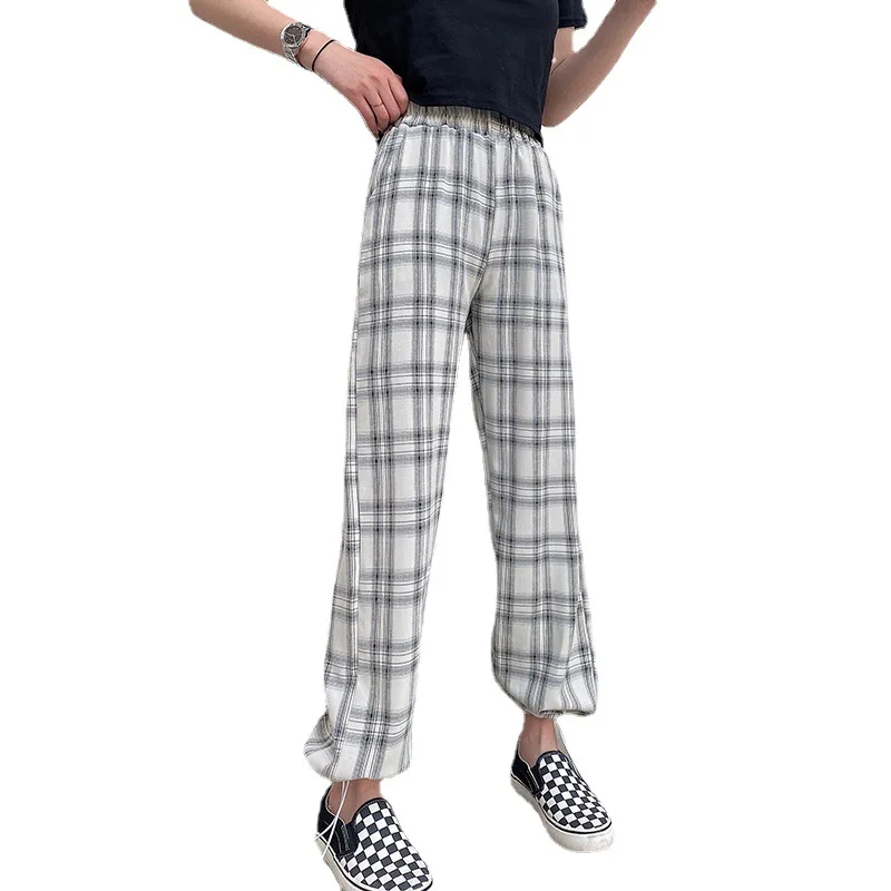 

Fashion High Waist Straight Trousers Women Plaid Color Casual korean Pants Loose Elthtic Waist Cotton Korean Style Joggers