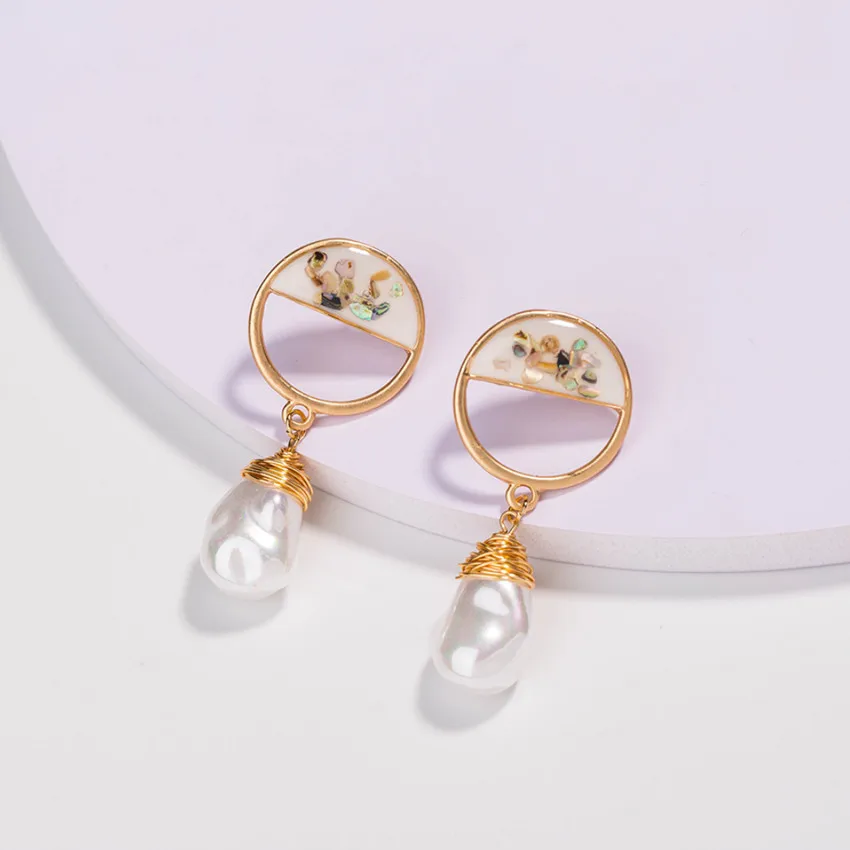 

FYJS Unique Light Yellow Gold Color Half Round Shell and Irregular Shape Pearls Stud Earrings for Women Jewelry