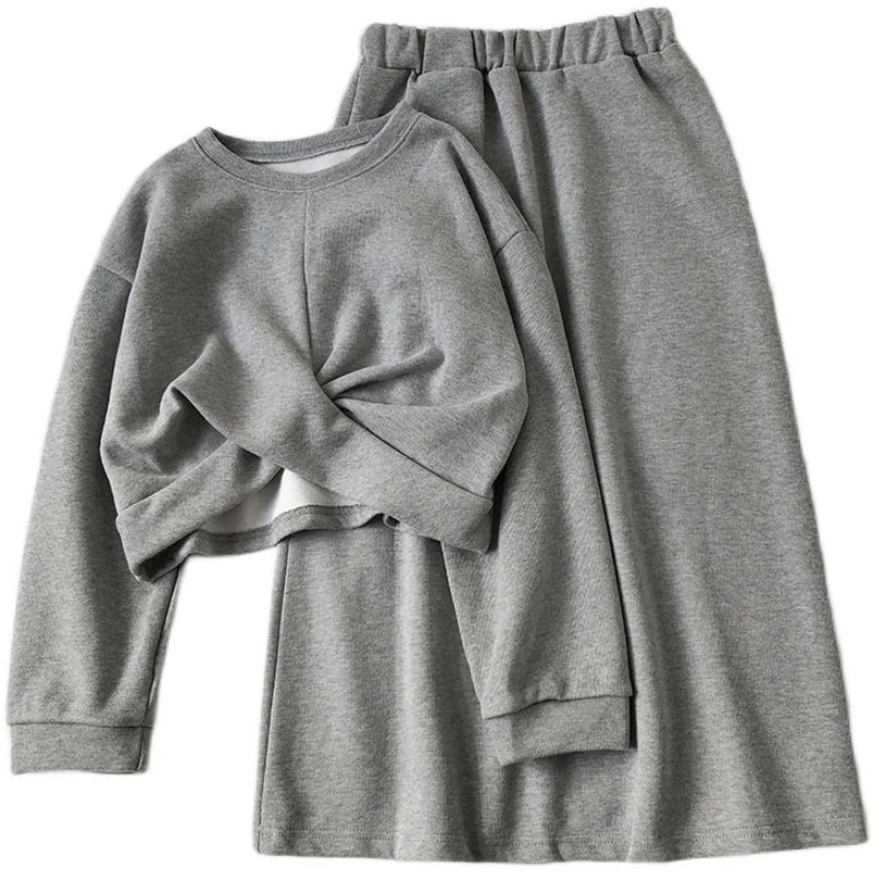 

Kimutomo Two Piece Outfits for Women Solid O-neck Long Sleeve Short Sweatshirt and Elastic Waist Split Skirts Outwear Fashion