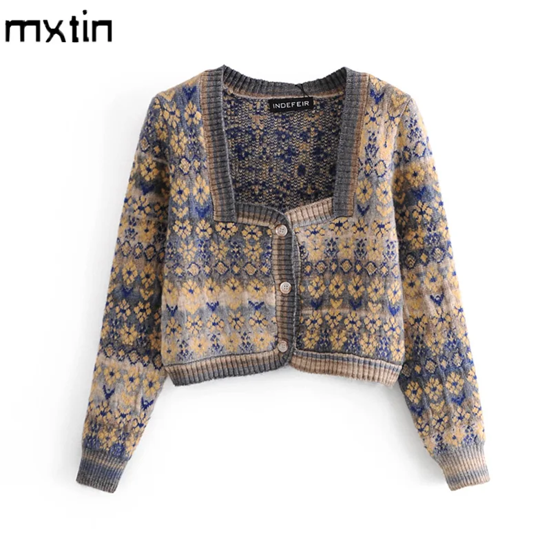 

Женский винтажный жаккардовый кардиган, укороченный вязаный кардиган с V-образным вырезом и длинным рукавом, повседневная верхняя одежда, т...