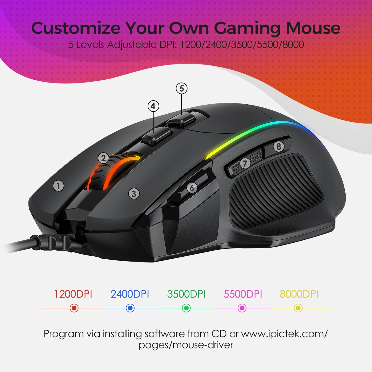 

VicTsing PC278 Gaming Mouse Ergonomic Wired Computer Mouse Gamer 8 Buttons Programmable Mice with 8000 DPI RGB Backlit for PC Ga