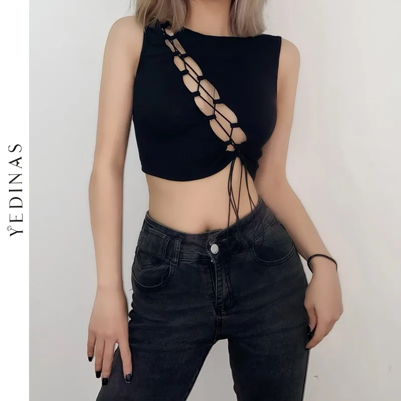 

Летняя ажурная майка Yedinas, женский сексуальный облегающий кроп-топ, черные бандажные уличные топы, модная укороченная майка в стиле панк 90-х