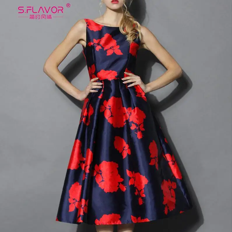 S. FLAVOR, без рукавов, с цветочным принтом, Vestidos De, женское, винтажное, тонкое, с круглым вырезом, элегантное, вечерние, Vestidos, высокое качество - Цвет: navy