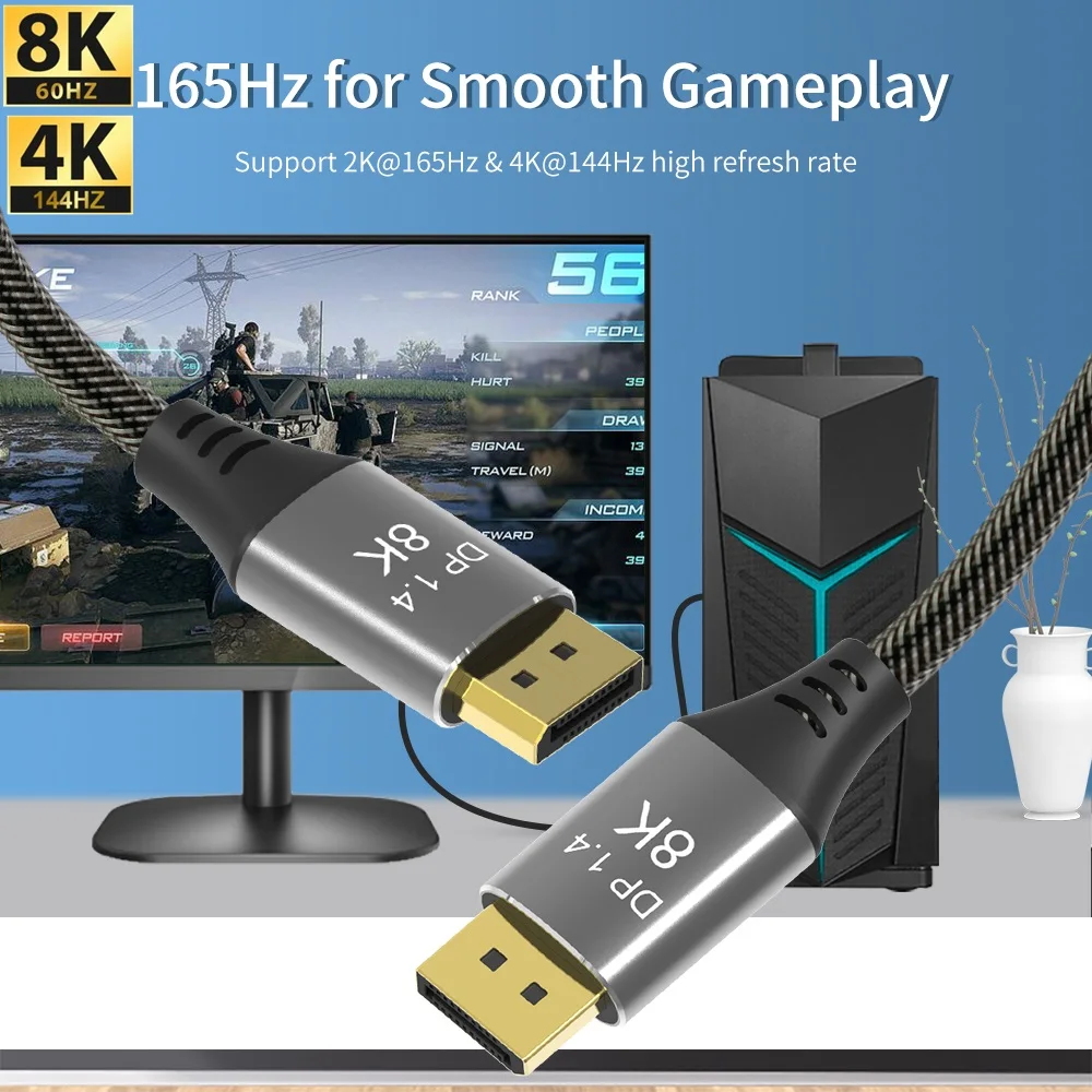 

DP to DP DisplayPort Ultra HD 8K 4K Copper Cord DP 1.4 HBR3 8K@60Hz 4K@144Hz High Speed 32.4Gbps HDCP 3D Slim and Flexible Cable