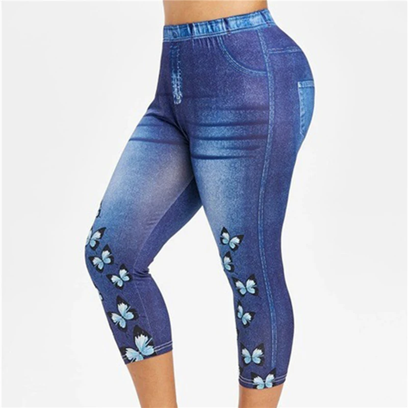 

Woman Printed Short Leggins Pants Stretch Butterfly Summer Breeches High Waist Perfect Fit Jeggings Imitation Denim Leggings