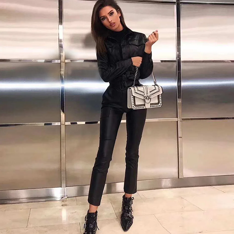 Повседневный Кожаный Женский комплект куртка с ремнем + штаны из двух предметов