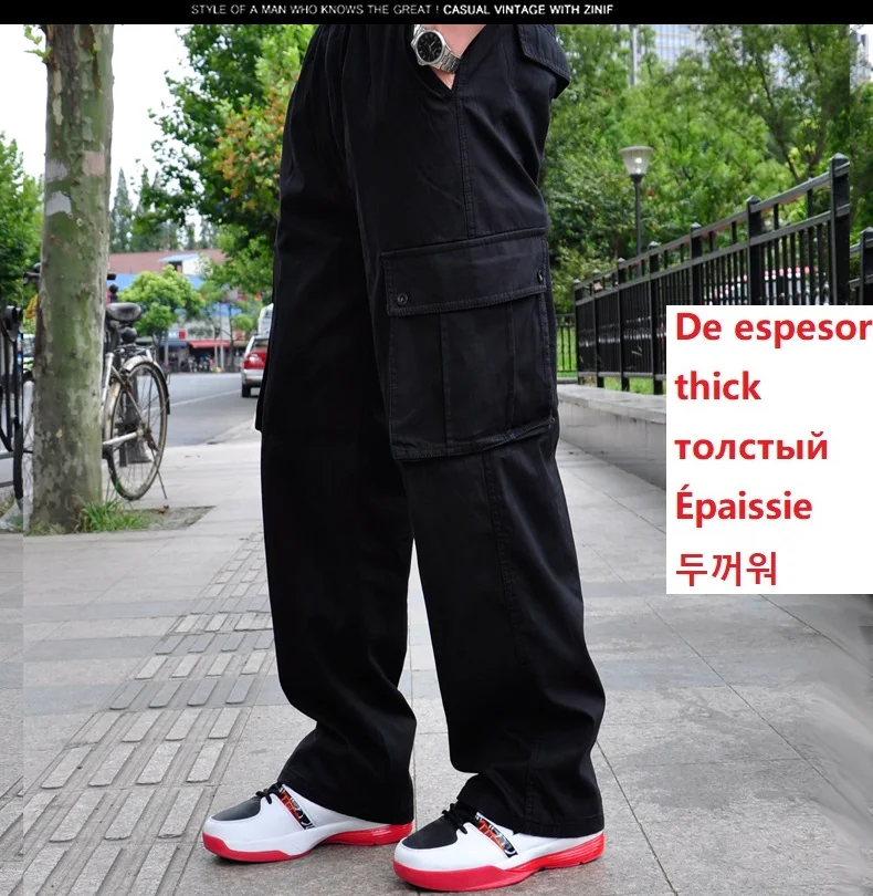 thick black Зимние мужские хлопковые плотные брюки-карго с карманами на молнии, большие размеры, 8XL, 10XL, 9XL, 140 кг, повседневные штаны в стиле сафари, черные, 48 - Цвет: thick black