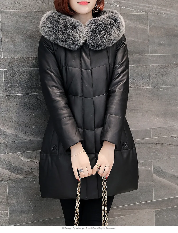 Plus Size Women Real Fox Fur Collar Genuine Leather Trench Coat Long