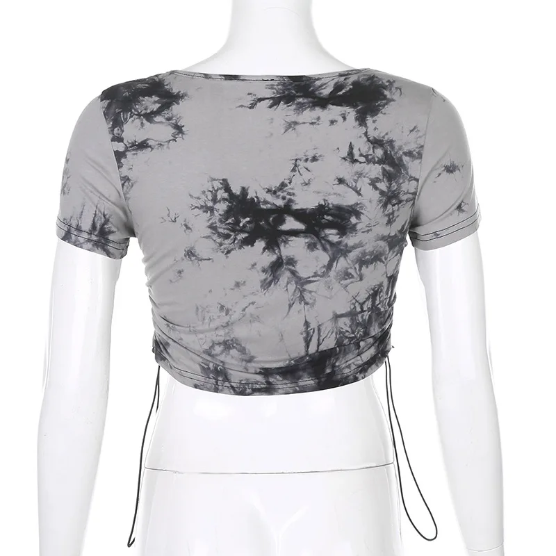 

2020 fall fashion women's tie-dye chain drawstring slim short-sleeved T-shirt women