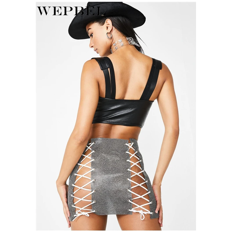 

WEPBEL Women Sexy Patchwork Bandage Diamond Party Skirt Ladies High Waist Nightclub Costume Skirt