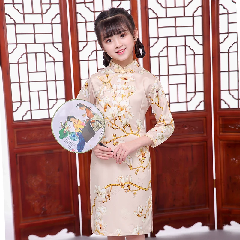 Long Sleeve Peony Chinese Traditional Dress Girls Cheongsam Qipao Style Cute Baby | Детская одежда и обувь