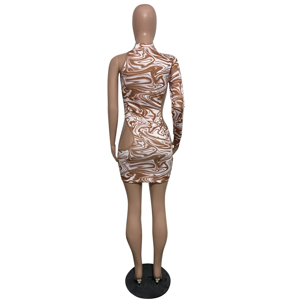 

Elegant Print One Shoulder Bodycon Mini Women Dress Sexy Hollow Out O Neck Long Sleeve Night Club wear Party Dress Vestidos