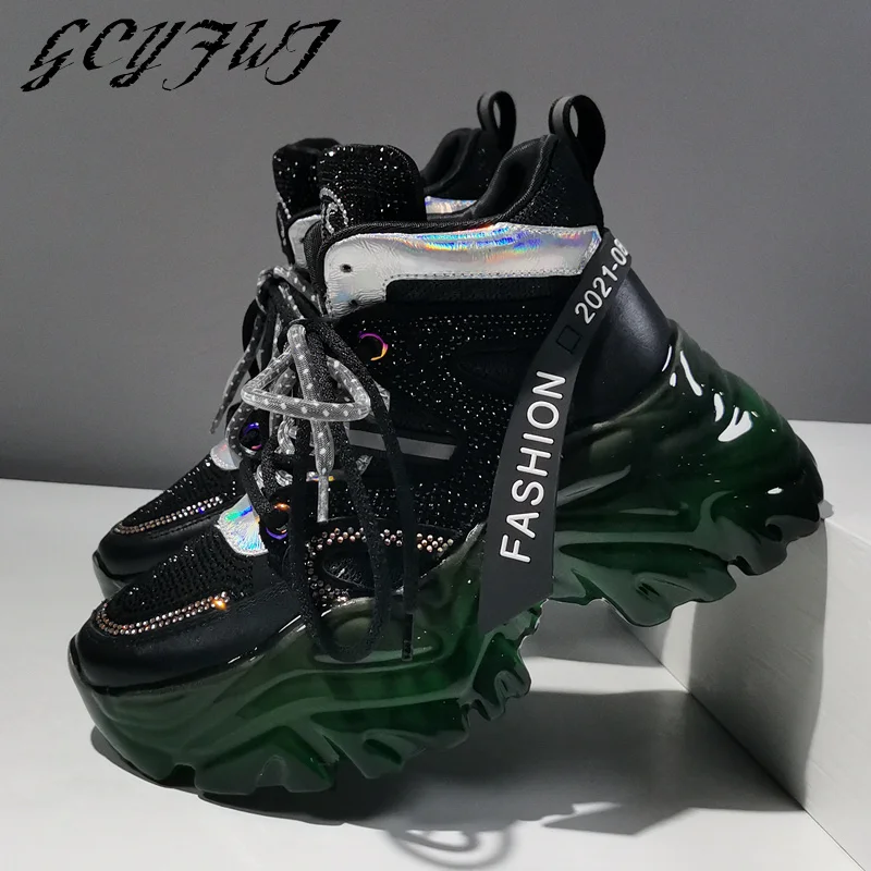 

Women Sneakers High-Top Lace-Up Crystal Mixed Colors Thick Bottom Women Shoes High Quality Fashion Flat Platform Female Sneakers