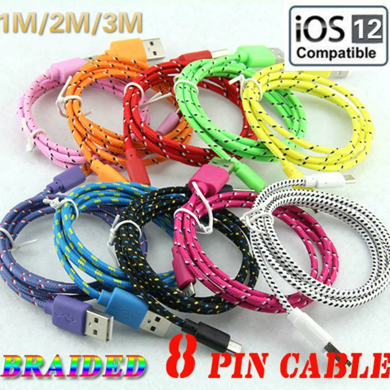 100 шт. 1 м/2 м/3 м круглая тканевая плетеная веревка 8-контактный usb-кабель для