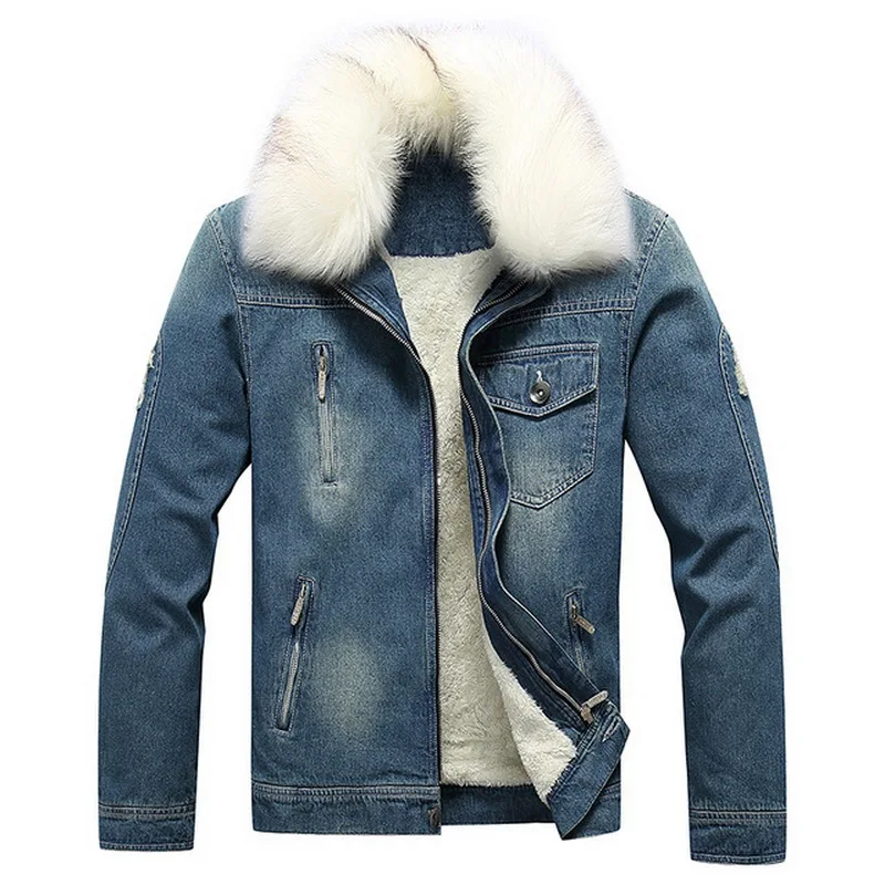 Men's Autumn Winter Parka Thick Velvet Coat Men's Warm Denim Jacket Cowboy Coat Fur Collar