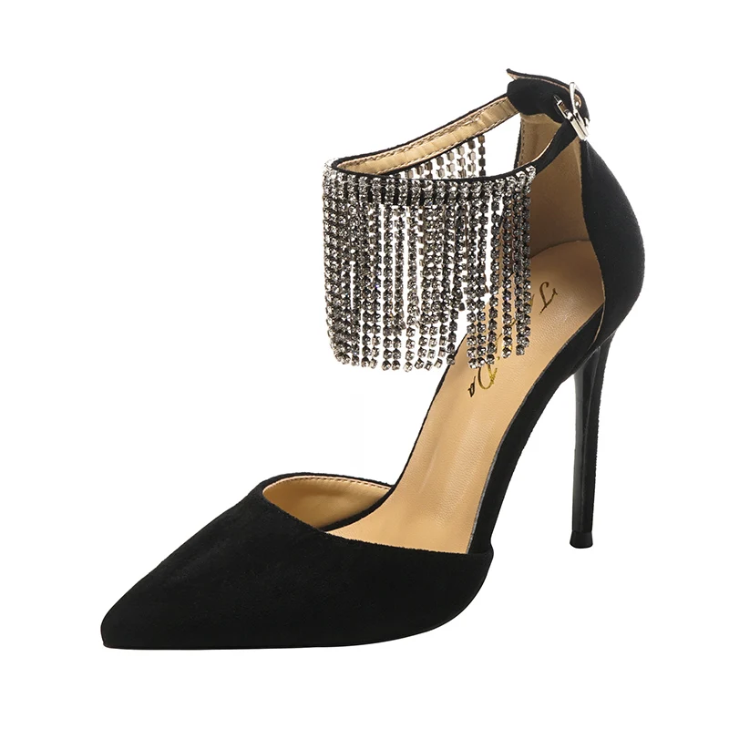 

Fringed Rhinestone High Heels Women's Stiletto Pointed Large Size Black Sandals Handmade Customized Large Size Women's Shoes