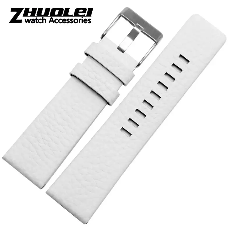 A-white silver Ремешок из коровьей кожи для дизельного ремешка подходит DZ7312 | DZ4323 | DZ7257 с пряжкой из нержавеющей стали 24 26 27 28 30 мм полосы - Цвет ремешка: A-white silver