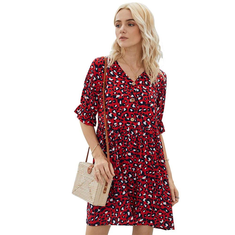 Женское платье с леопардовым принтом свободное рукавом бабочкой V образным