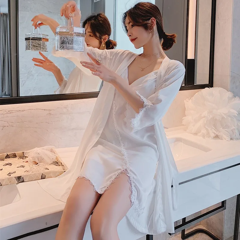 

Summer Silk Satin Nightgown Suits 2PCs Female V-Neck Seductive Suspender Nightdress With Chest Cushion Sexy Hollow Lace Robe Set