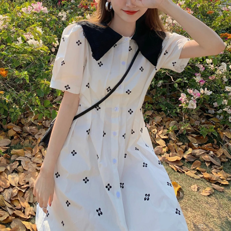

Summer Chiffon Kawaii Dress Women Sweet Peter Pan Collar Casual Party Mini Dress Female Button Designer Holiday Beach Dress 2021