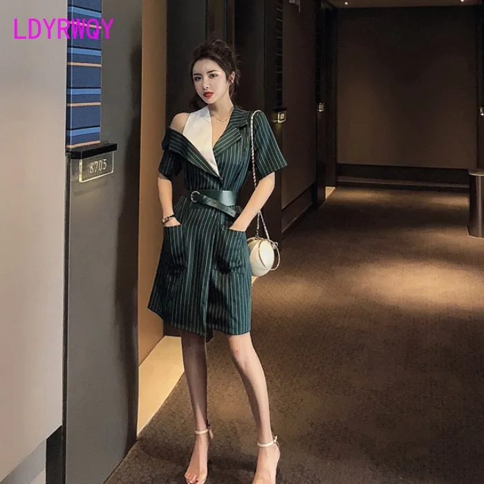 

2020 summer new Korean fashion leaky shoulder stripe stitching fake two waist dress Polyester Office Lady