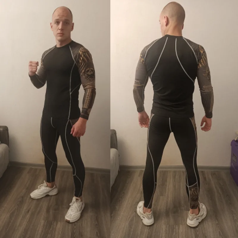 3D Wolf Head Men's Clothing Long-sleeved Top T-shirt pants 2-piece tracksuit Compression leggings Fitness shirt MMA Rashard kit