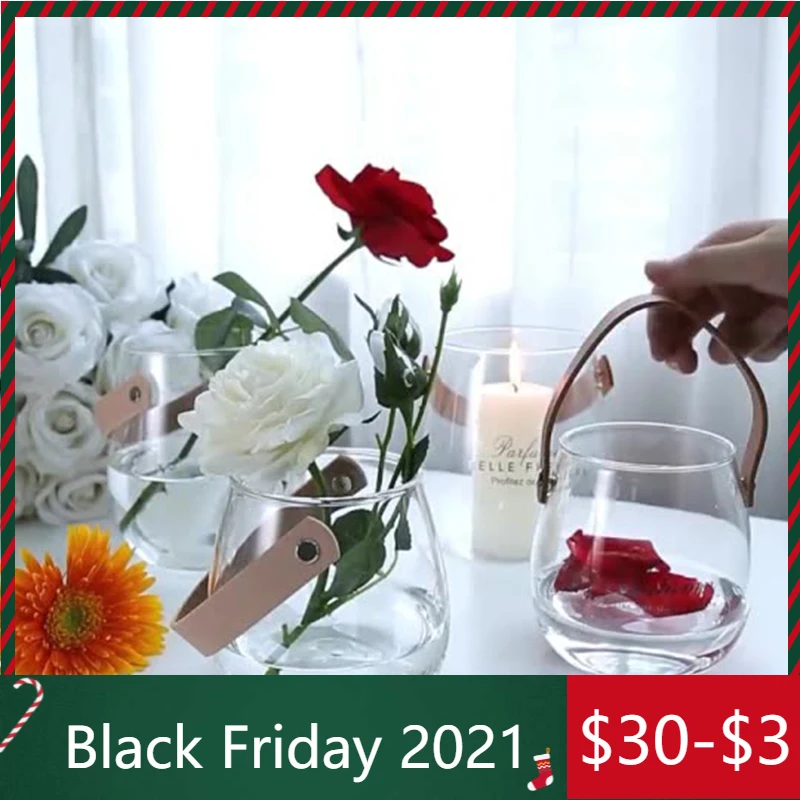 

Unique Nordic Glass Storage Jar Bottle with Leather Handle Minimalist Desk Storage Bottle Organizer Flower Vase Container Decor
