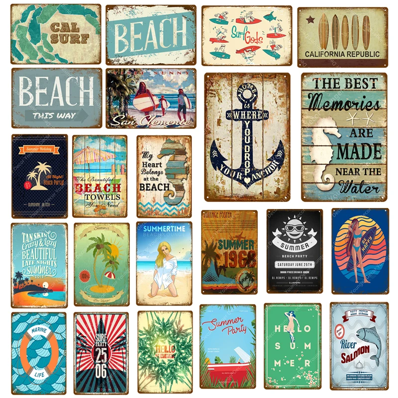 Летние пляжные знаки серфинг волны металлическая живопись постер настенные