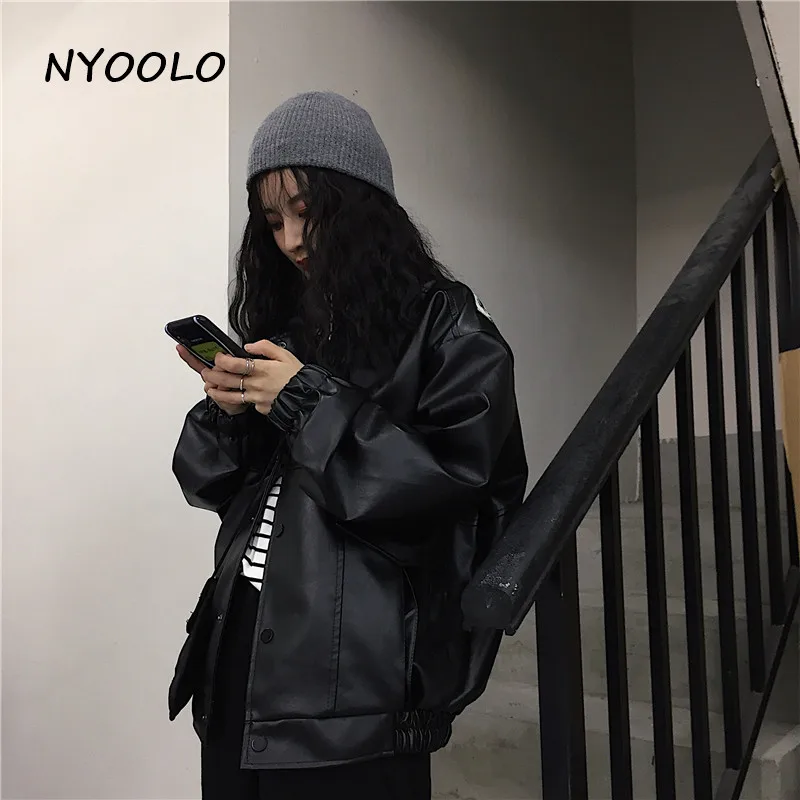 NYOOLO Autumn Winter street pockets motorcycle jacket Casual loose Covered Button PU leather Bomber jackets women men outerwear