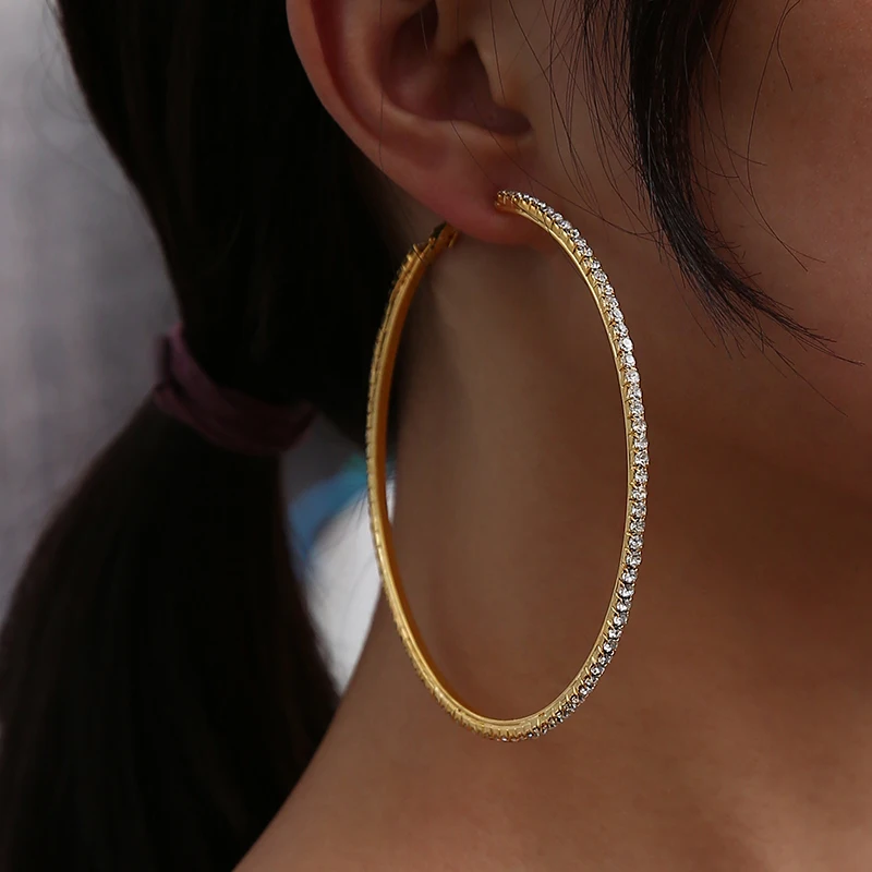 

Mix Size Large Big Round Hoop Earrings With Rhinestones Exaggerate Alt Classic Women's 2021 Earring Bride Bridesmaid Ear Jewelry