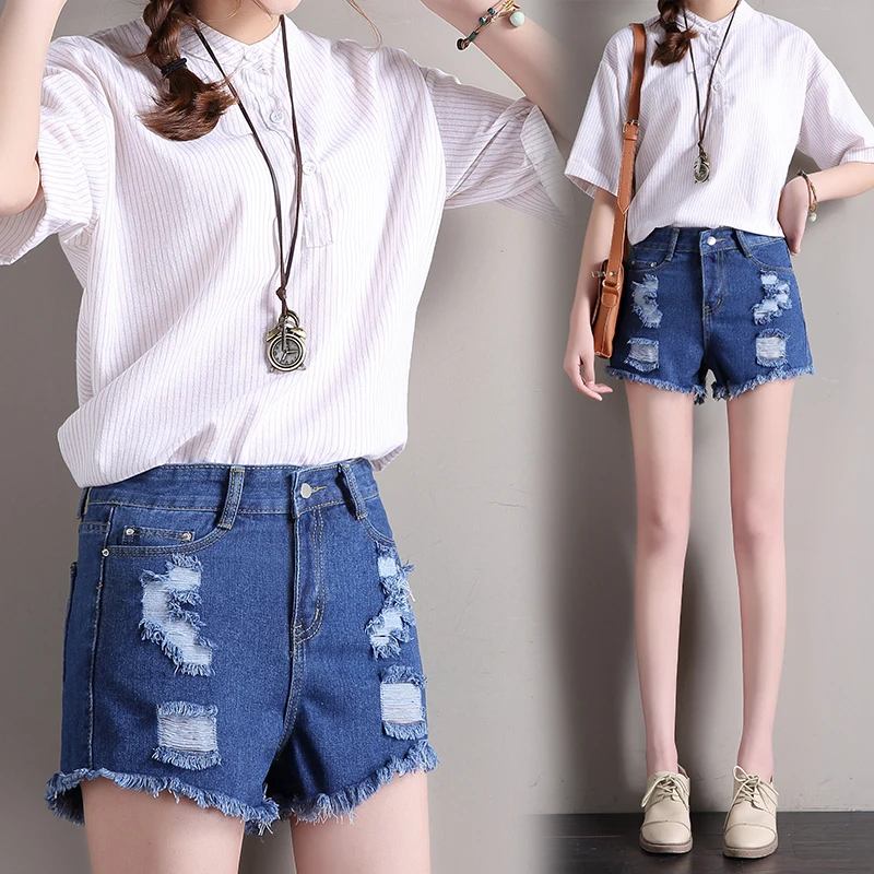 

FTLZZ New Summer Women High Waist Hole Streetwear Blue Denim Shorts Casual Female Solid Wide Leg Vintage Ladies Jeans Shorts