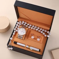 man watch gift set with high quality box luxury quartz wristwatch rosary bracelet cufflinks pen mens watches set for men%e2%80%99 s gift
