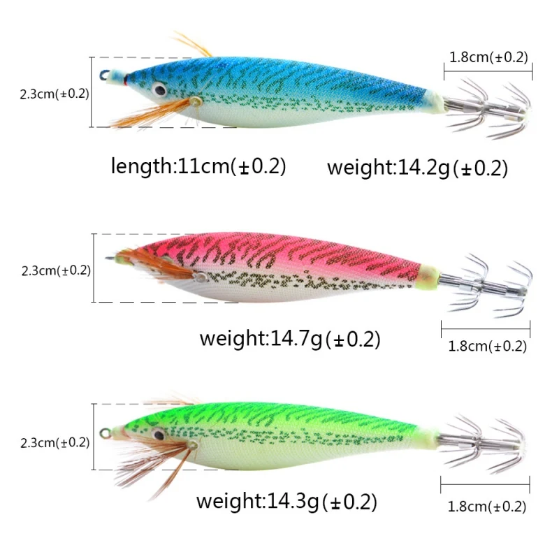 

11cm Fishing Lure Squid Lures Wood Shrimp Bait Wobbler Luminous Squid Hook Light Jigs For Fishing Tackle 3 colors