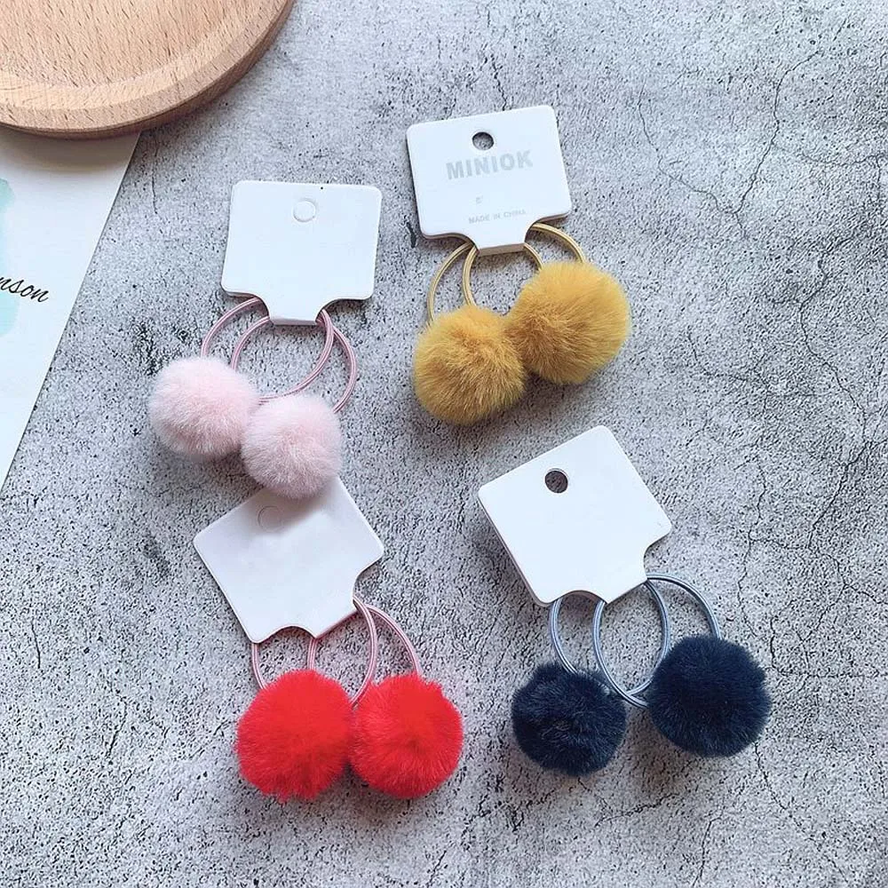 Juego de 2 unids/set de bolas de pomp&oacute;n de 3cm, Cuerdas el&aacute;sticas para el pelo para ni&ntilde;a, lazos para el pelo de bola de piel de conejo, bandas el&aacute;sticas para el pelo de invierno para ni&ntilde;a-1