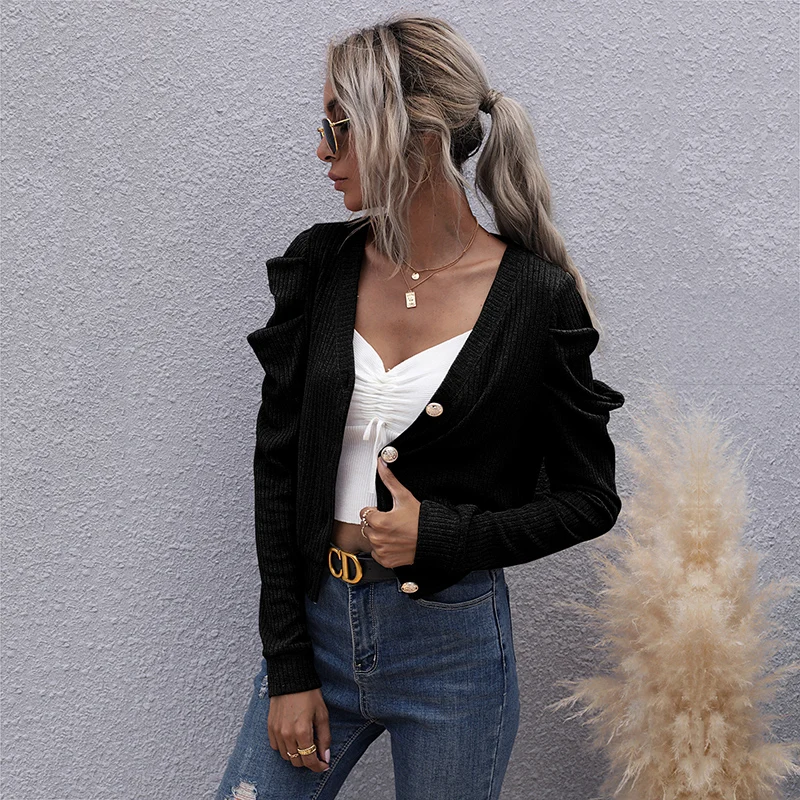 

New 2021Autumn V-Neck Solid Color Short Cardigan Women Fashion Knit Sweater Coat Female Temperament Slim Casual Lady Top JHBeute