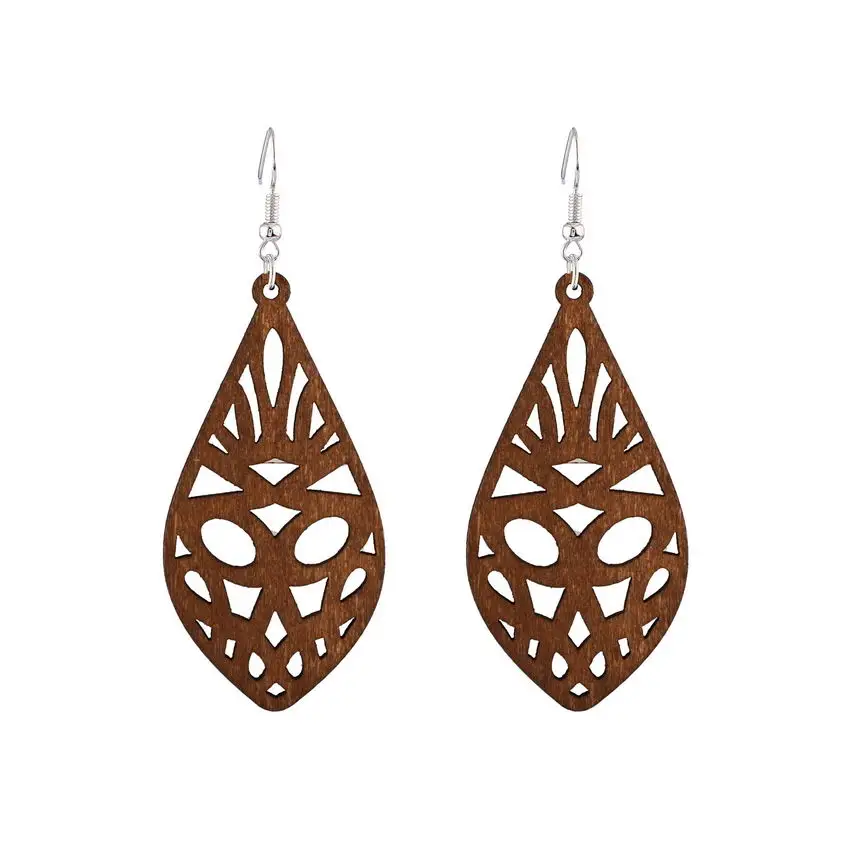 Ацтекские деревянные серьги-капельки с вырезами для женщин Модная отделка