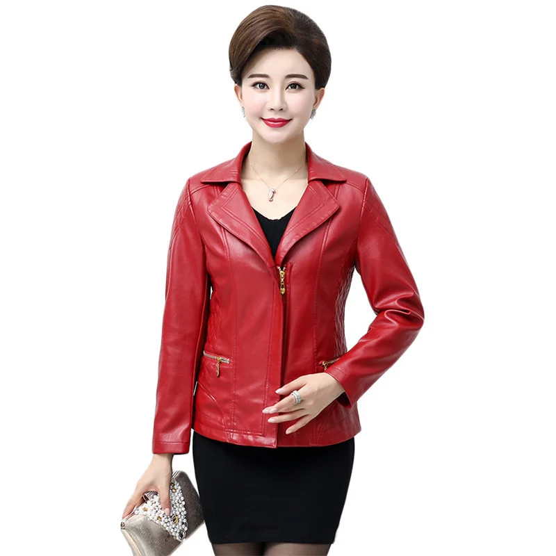 

Faux Leather Jacket Women Red Black L-5XL Plus Size 2021 Spring Autumn New Mom Short Slim Zipper Pockets PU Coats Feminina sf061