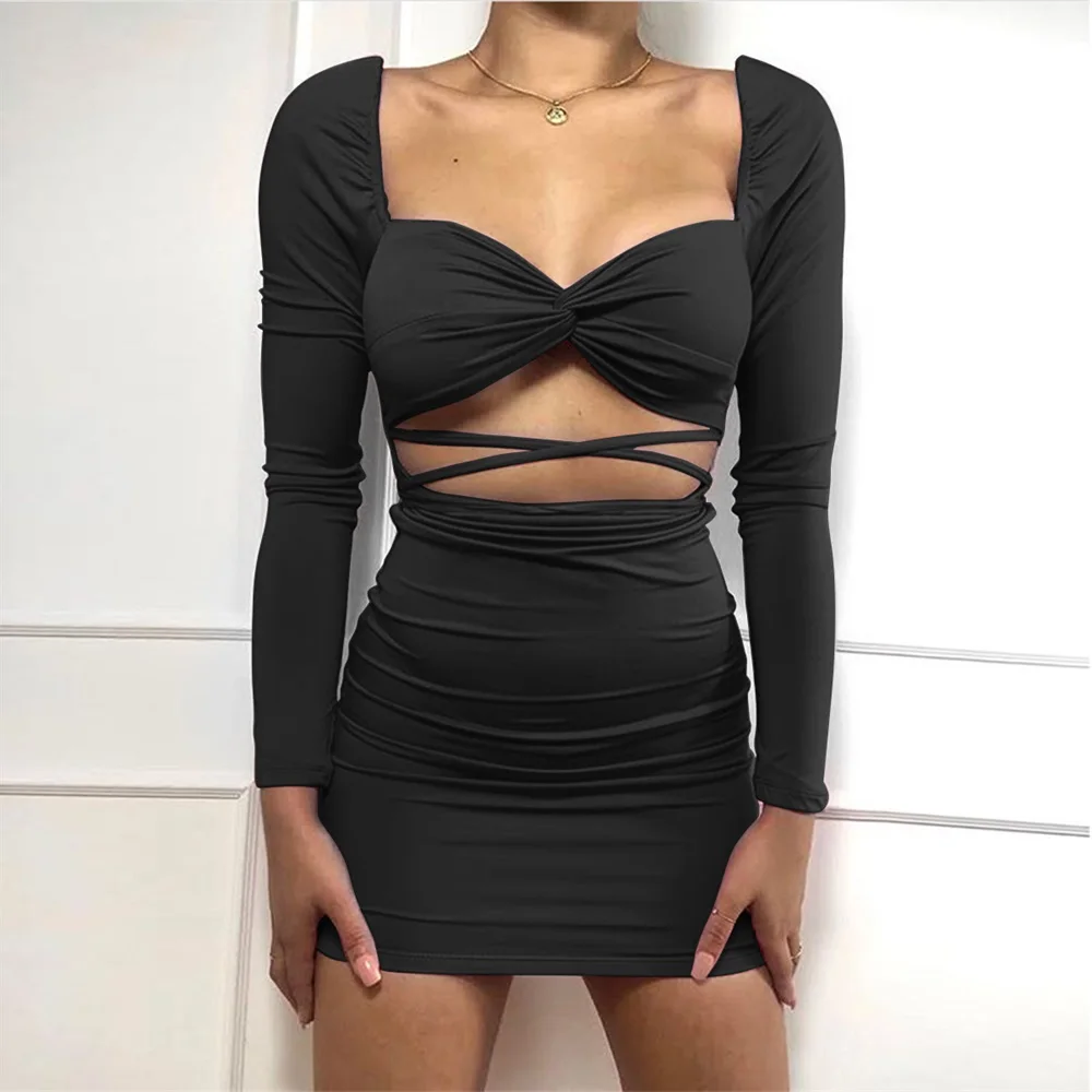 

Sexy V-Neck Pleated Wrap Hip Bind dress Mini Dress Long Sleeves Backless Hollow Out Club Fashion Dress HBD994