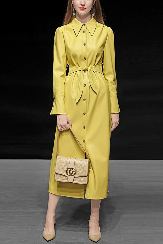 

Yellow long faux leather trench coat for women belt spring autumn coat business woman slim-fit workwear overcoat