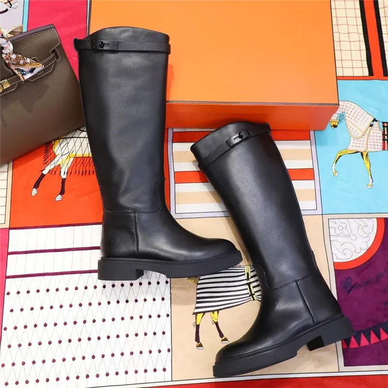

Genuine Leather Boots Women Knee-high Wedges Mental Lock Buckle 2021 Winter New Luxury Brand Shoes Women Boots Botas De Mujer