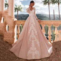 pink satin wedding dress with lace appliques v neck a line long sleeves princess bridal dress elegant wedding gowns plus size