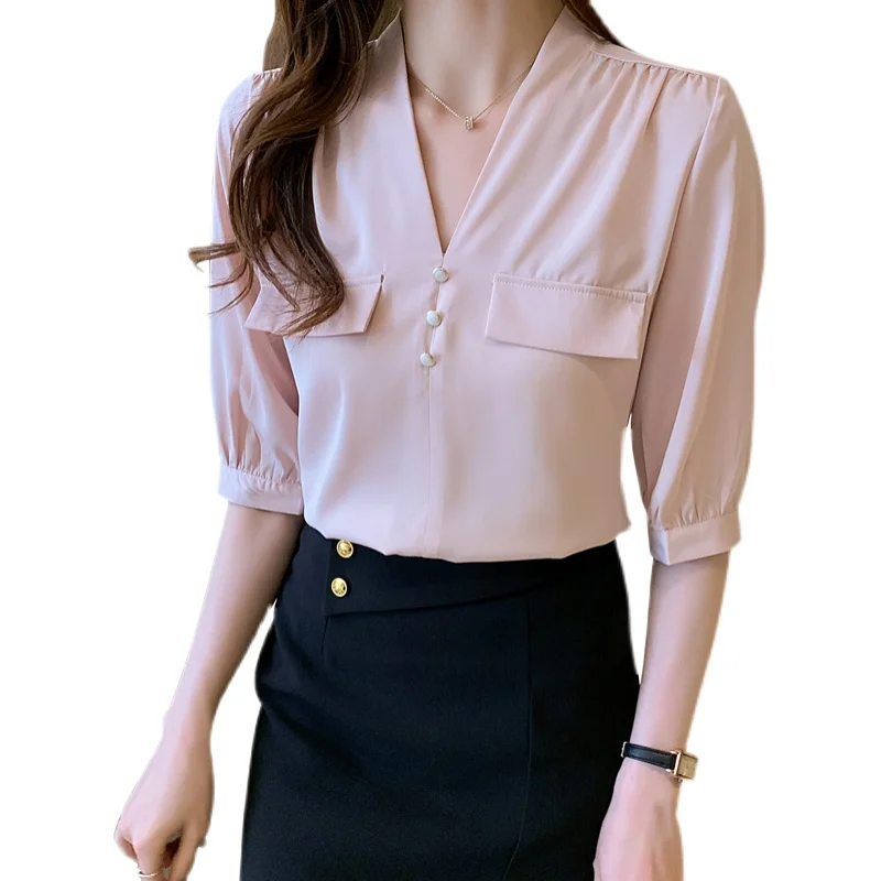 

Women's Blouses Chiffon Short Sleeve Tops V-neck Shirts Fashion Beaded Solid Color Casual Korean Loose Commute