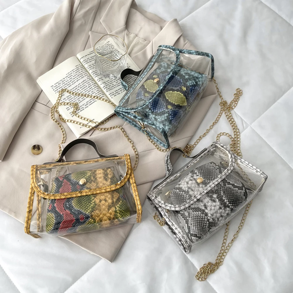 

Women Clear Snake Pattern Print Purse Chain PU Shoulder Bag Retro Composite Elegant Ladies Handbag Shoulder Bag