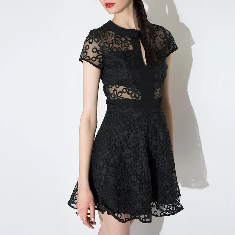 

Girls' Black Lace A-line Dress with Half Perspective Baby Collar Skirt