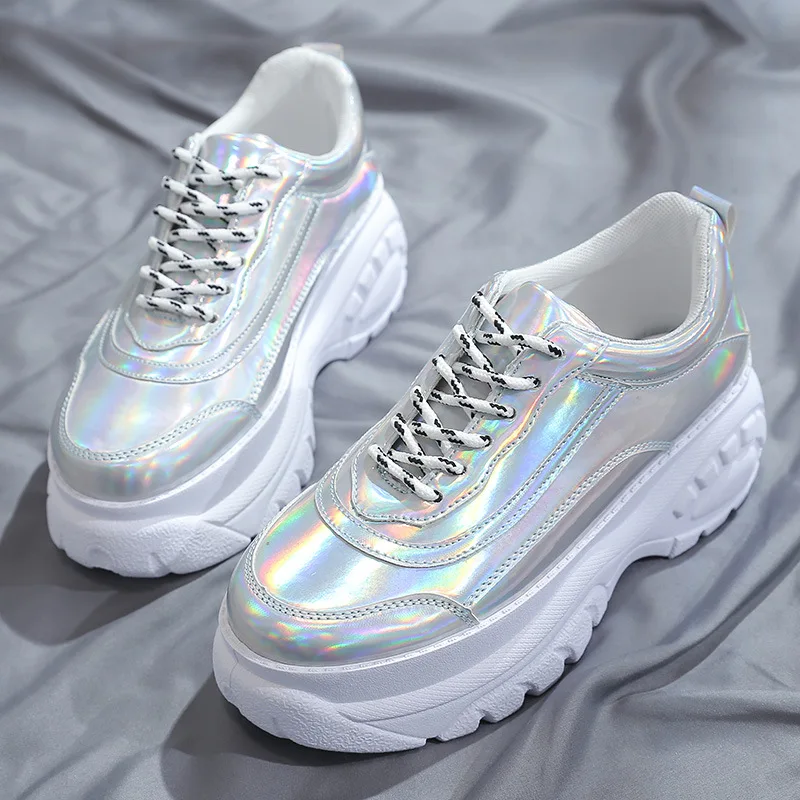 Rimocy/Серебристые кроссовки из лакированной кожи на массивном каблуке Женская