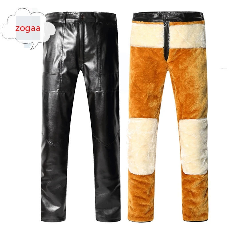

Мужские утепленные кожаные брюки Zogaa, черные повседневные утепленные кожаные брюки с накладками на колени, с бархатной подкладкой, зима 2020